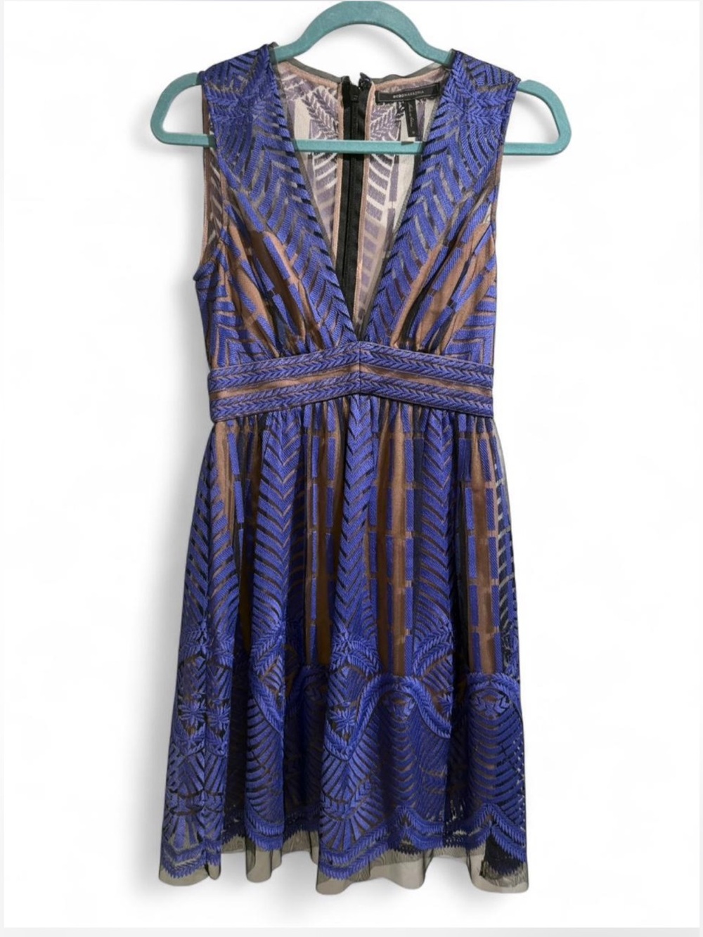 BCBGMaxAzria Blue and tan V-Neck Lace Cocktail Dress - Picture 2 of 5